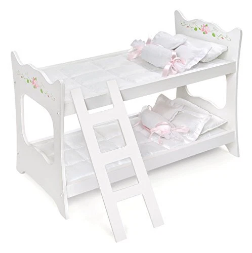 Toy Doll Bunk Bed with White Bedding and Ladder for 20 inch Dolls - White Rose