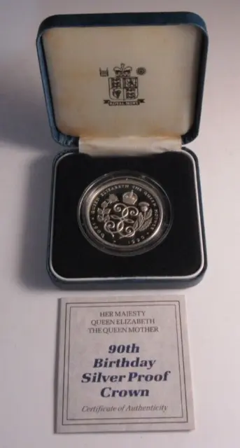1990 QUEEN ELIZABETH THE QUEEN MOTHER 90th BIRTHDAY SILVER PROOF £5 CROWN BOXCOA