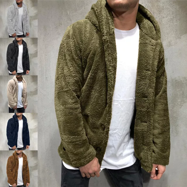 Mens Faux Fur Fleece Hooded Parka Winter Thicken Jacket Warm Coat Outwear Button