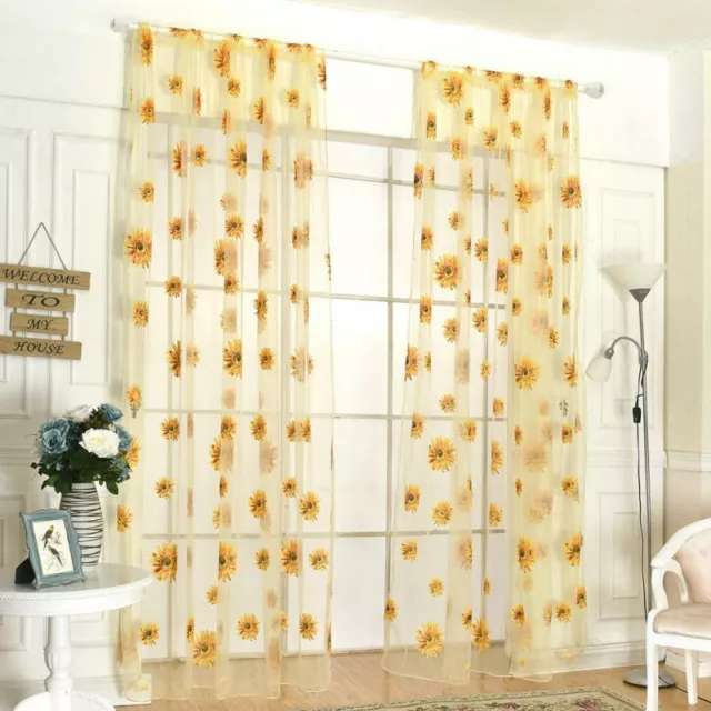 2Pcs Sunflower Curtains Yellow Sheer Window Voile Curtains for Living Room Home