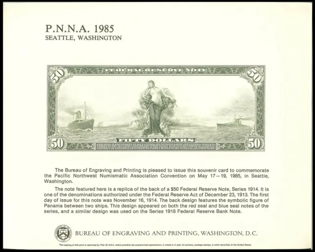 U.S.A. Souvenir Card #B-079 $50 Federal Reserve Note back 1914 PNNA '85