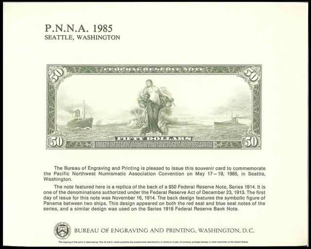 U.S.A. Souvenir Card #B-079 $50 Federal Reserve Note back 1914 PNNA '85 U.S.A. Souvenir Card #B-079 $50 Federal Reserve Note back 1914 PNNA '85