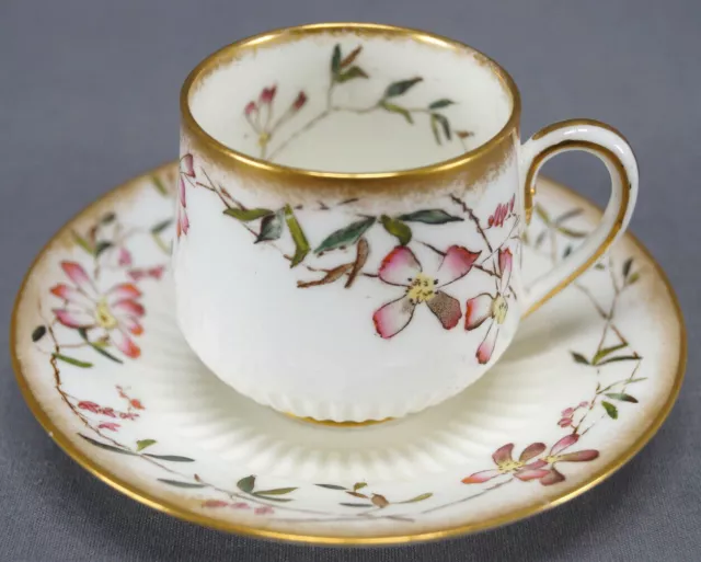 George Jones Hand Colored Pink Flowers Demitasse Cup & Saucer C. 1874 - 1891