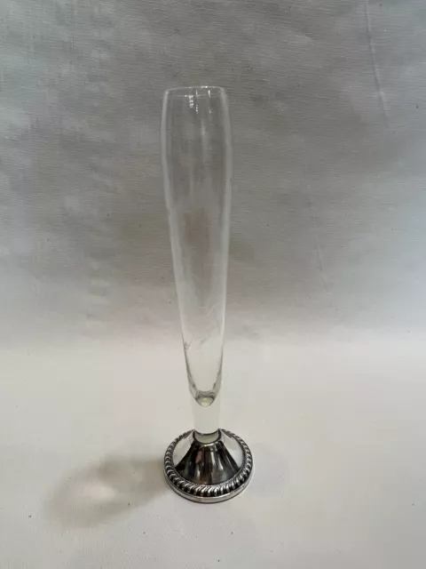 Duchin Creation Weighted 925 Sterling Silver Etched Glass Bud Vase, 9 1/2" Tall