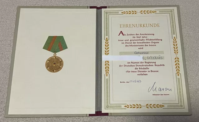 DDR Urkunde - Medaille Für Treue Dienste i.d. bewaffneten Organen MDI - Gen.1963