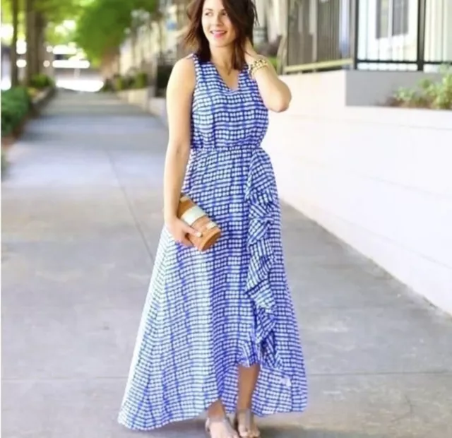 Vineyard Vines 100% Silk Blue Polka Dot Waterfall Ruffle Maxi Dress Size 4