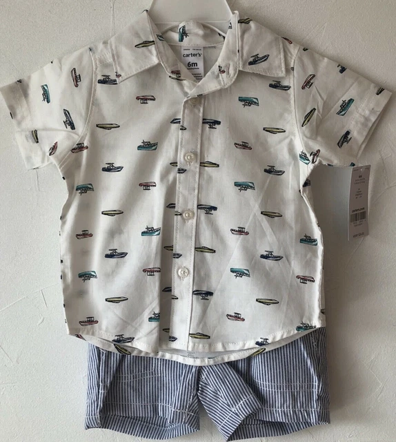 NWT CARTERS Baby Boy 2 PC Summer Outfit 6 Months Boats Stripes Shorts Shirt Set