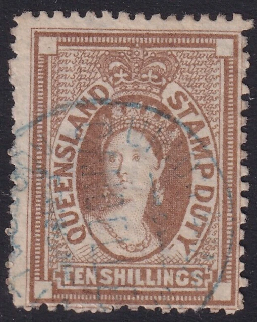 AUSTRALIA QLD STATES 186668 10 Shillings Brown Sg F22 Stamp Duty Cv
