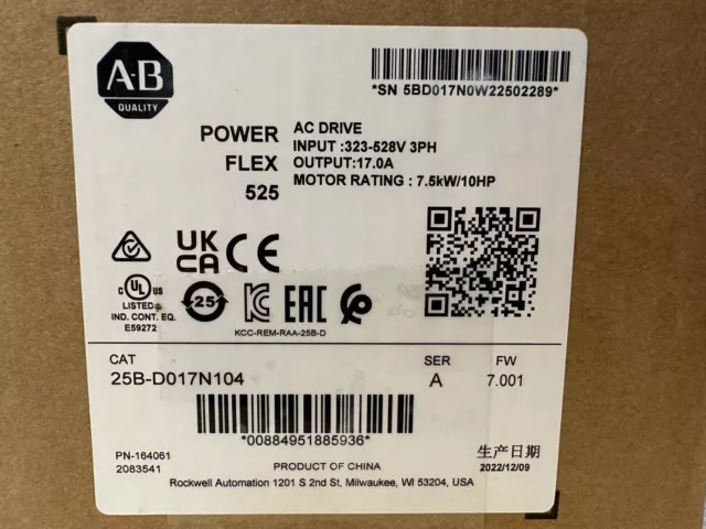 25B-D017N104 2022 SER A NEW Allen-Bradley PowerFlex 525 7.5kW 10Hp AC Drive