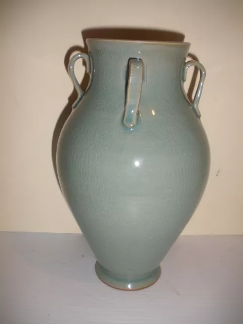 Beautiful Celadon  Four Handles Chinese Oriental Glaze Vase Signed