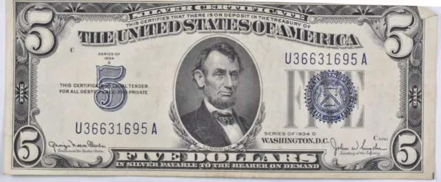1934 Series D $5 Silver Certificate Blue Seal United States Note AU/UNC
