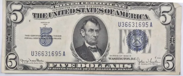 AU / UNC 1934 Series D $5 Silver Certificate Blue Seal United States Note AU