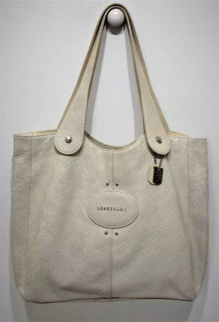 Longchamp, Sac porté épaule "shopping", en cuir blanc cassé, ligne "quadri