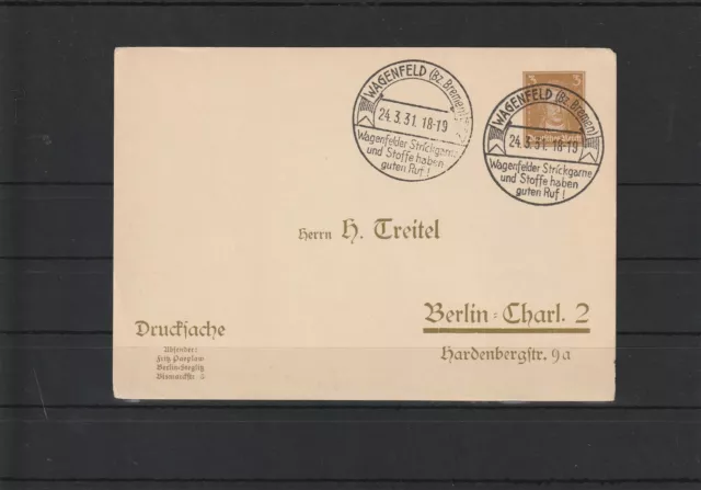 Deutsches Reich Privat-Ganzsache Karte SST Wagenfeld Bz. Bremen, 1931 #1101025