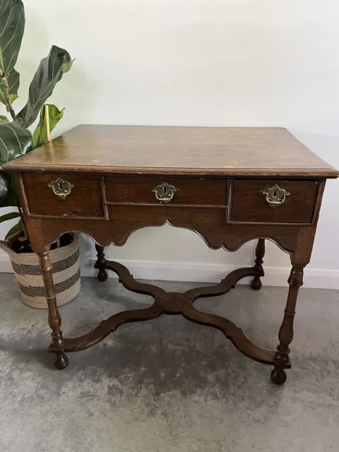 Early 19th Century Solid Oak Lowboy With 3 Drawers Original Brass Handles