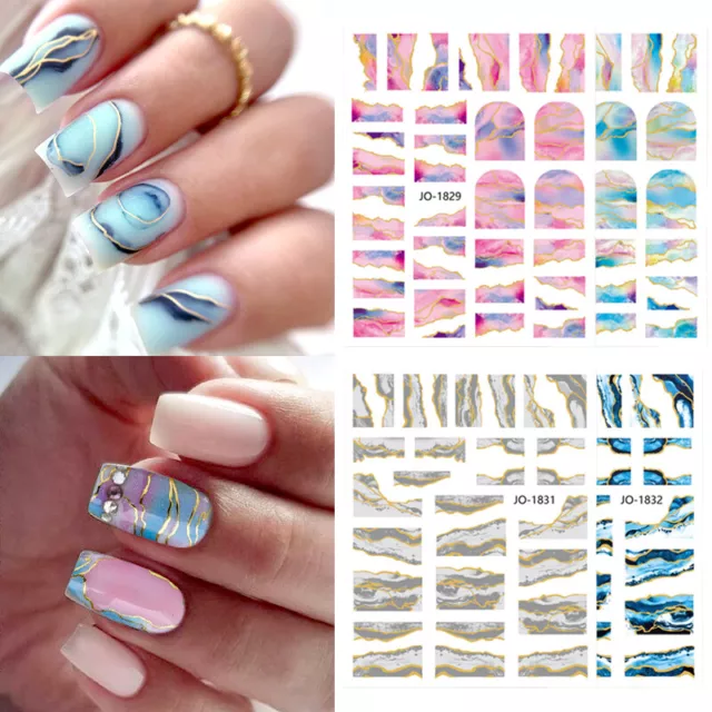 3D Stickers Ongles Bleu Vert Marbre Or Flocon Ligne Art Manucure ,
