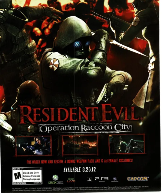 2012 Resident Evil Operation Raccoon City Video Game Vintage Print Ad