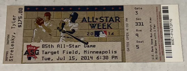7/15/14 2014 MLB 85th Baseball All Star Game Full Ticket Stub Target Field Trout