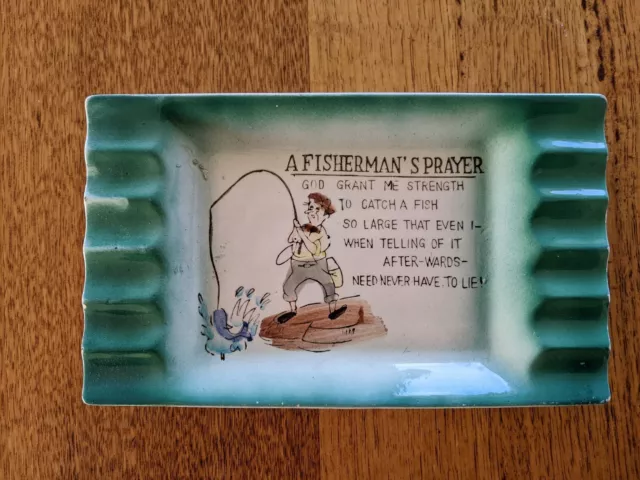 Vintage Retro Fishing Novelty Ceramic Ashtray Dish Plate FISHERMAN'S PRAYER Poem