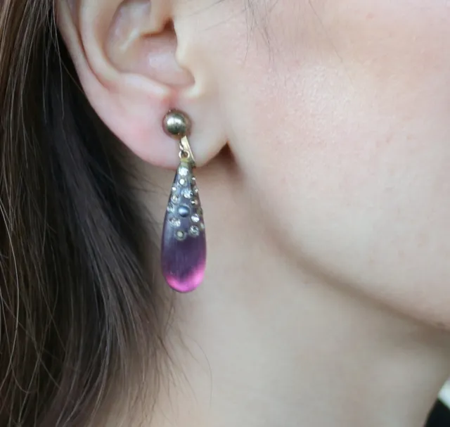 Alexis Bittar Purple Lucite & Crystal Rhinestone Drop Dangle Clip On Earrings