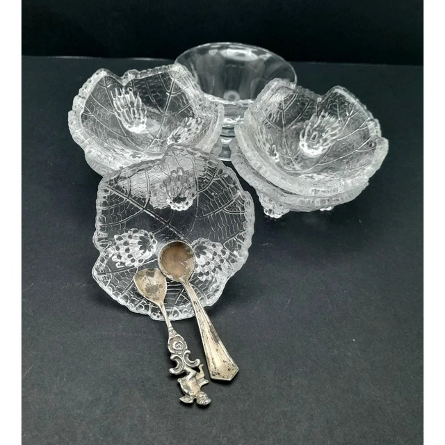VTG Lot 6 Fostoria Grape Leaf Fairfax Open Salt Cellars 2 Sterling Silver Spoons