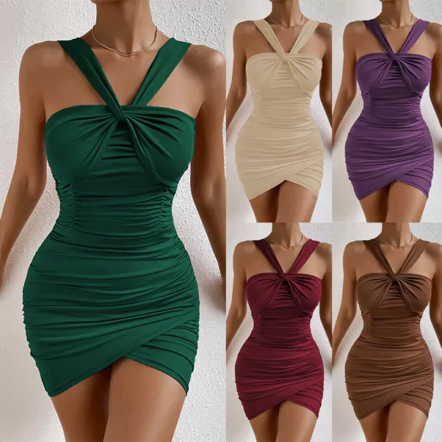 Womens Sexy Sleeveless Wrap Mini Dress Bodycon Ladies Slim Fit Party Dress AU