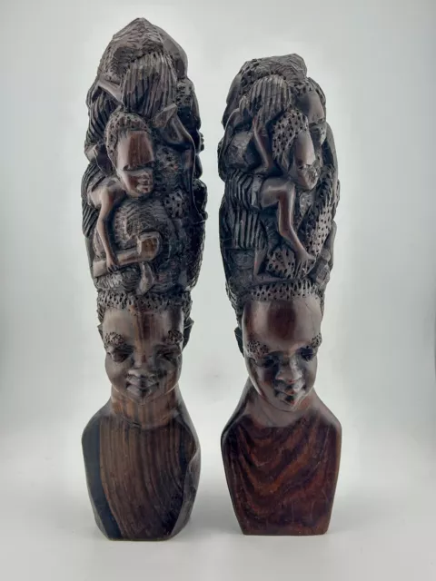 TREE OF LIFE BUSTS large pair African hand carved sculpture ebony wood? Makonde?