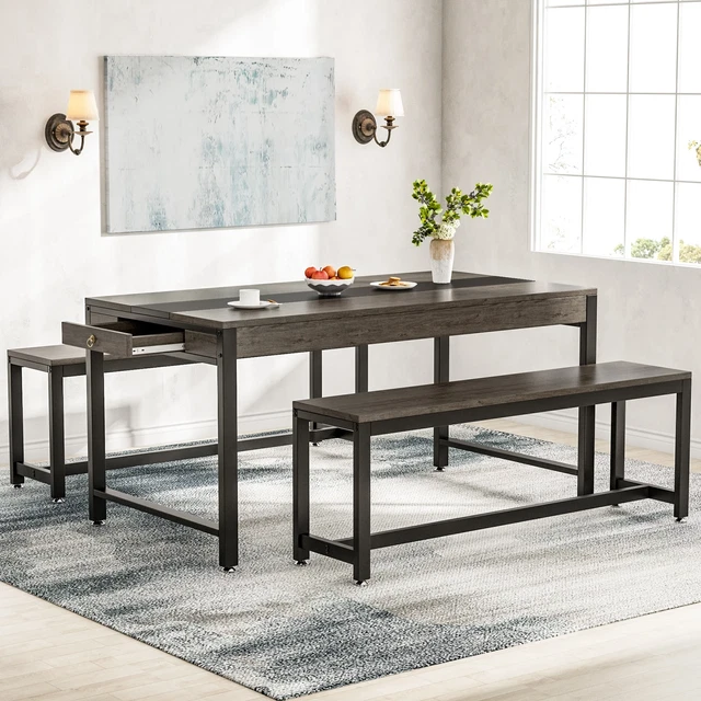 Modern Industrial 3-Piece Dining Table Set with Bench and Sided Drawer