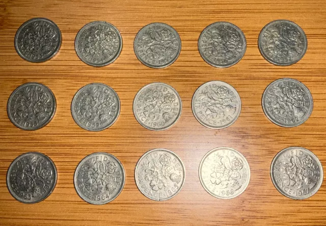 GB Elizabeth II 1953 - 1967 Sixpences. 15 Circulated Coins, One From Each Year