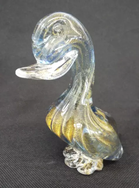 Vintage MURANO Clear Art Glass Duck Figurine STICKER Italy Blue Gold Flecks 2