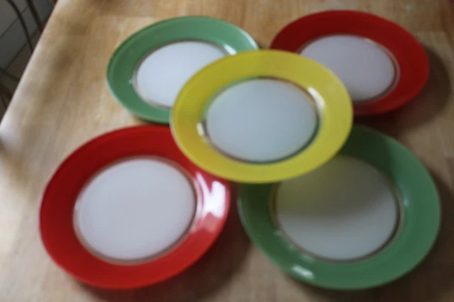 Lot De 8 Assiettes Plates Vereco Duralex Vintage - Couleurs Vert, Bleu Et Ambre, Occasion Bon état