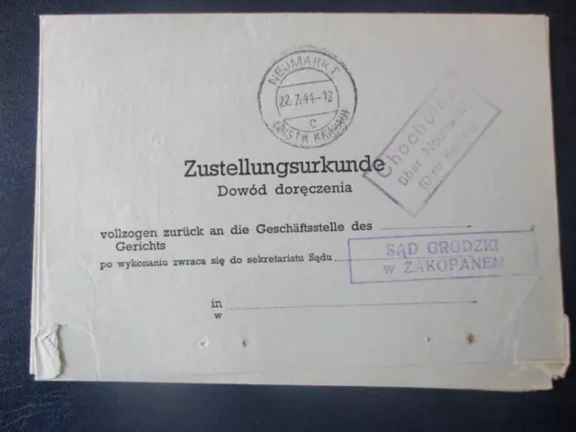 (X1530) GG Zustellungsurkunde Chocholow über Neumarkt, Distr. Krakau 1944