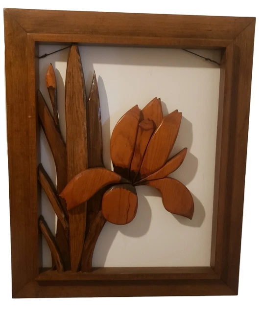 VINTAGE 1980S CARVED Framed Iris Flower Wooden Hanging Wall Art Signed