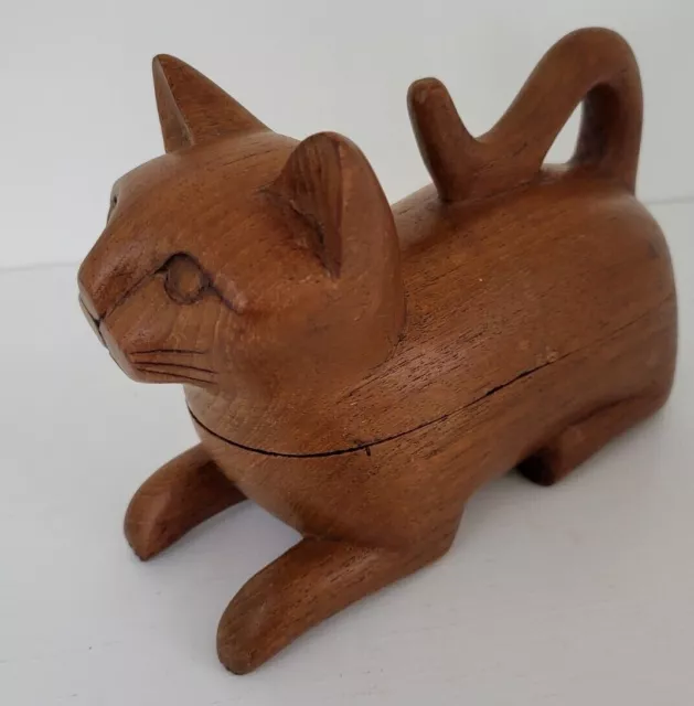 Vintage Hand Carved Wooden Cat Trinket Jewelry Box Wood Kitten Kitty Figure 8"