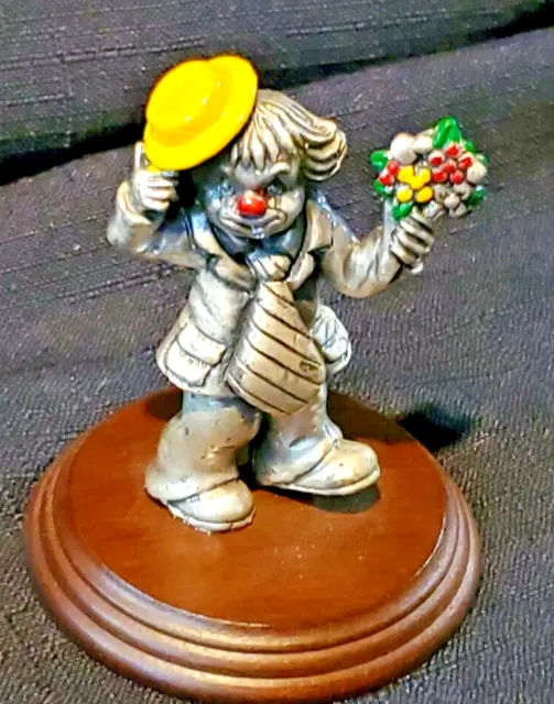 VTG Rare George Good Cast Pewter Clown On Wood Base With Flowers 3" Tall Statue