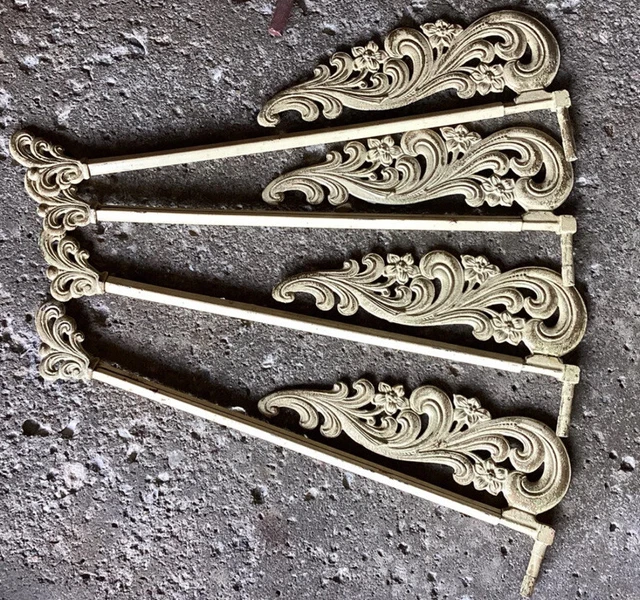 4 Vintage Art Deco Cast Iron Swing Arm Extendable Curtain Rods, Rings & Brackets