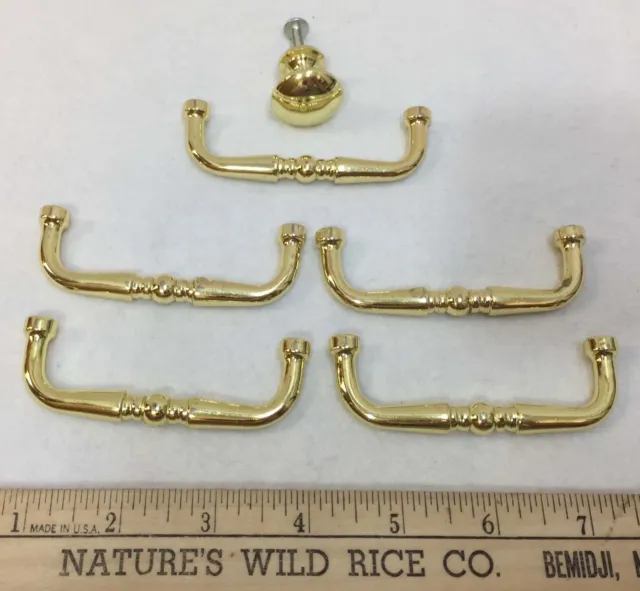 Drawer Cabinet Hardware Brass 5 Pulls 1 Knob With Screw Lot of 6