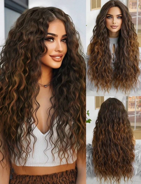Perruque Synthétique Longue Bouclée - Blond Foncé 65 Cm, Avec 4 Bonnets, Neuf