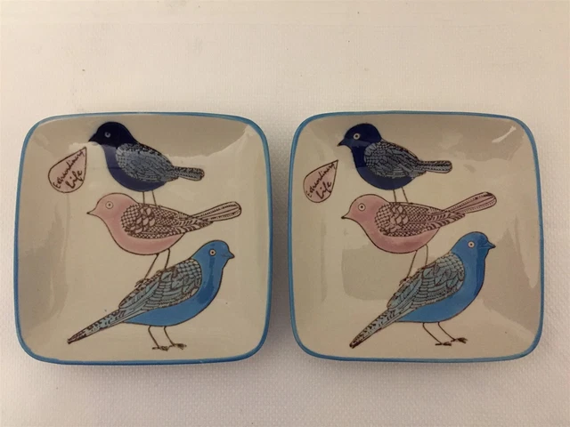 2 Pottery Barn Ceramic Bird Extraordinary Life Square Decor Plate Dish VGC