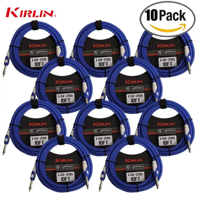 10-PACK Kirlin 10 ft Guitar Instrument Patch Cable BLUE Free Cable Tie 1/4" NEW