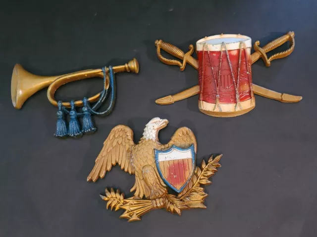 (SET OF 3) Vintage Sexton #576 Cast Aluminum Wall Art Hanger Bugle, Drum & Eagle