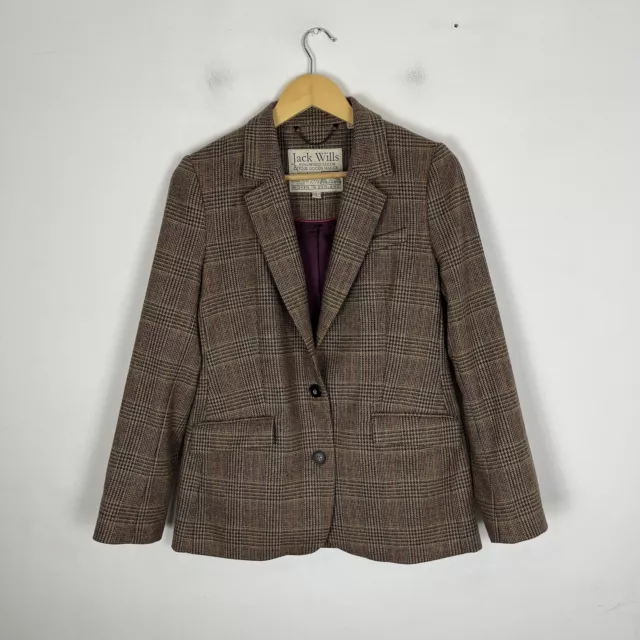 Jack Wills Fox Tweed Jacket Blazer Women's UK 10 Brown Wool Houndstooth Country