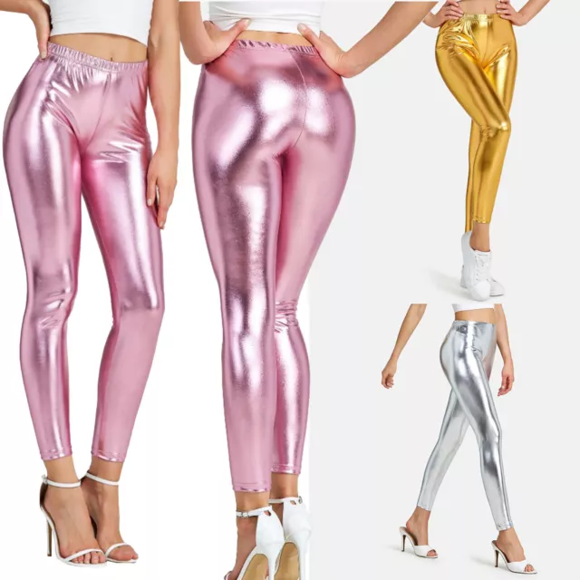 WOMEN'S METALLIC SHINY Leggings High Waist Faux Leather Footless Party  Clubwear $19.99 - PicClick