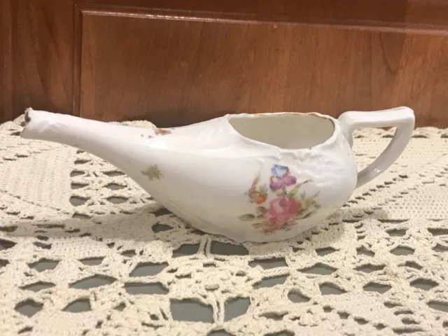 Antique Medical Porcelain Invalid/Infant Feeder Pap Boat Aladdin HP Pink Roses