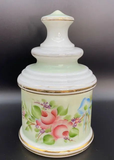 Vintage Large Vanity Apothecary Jar Hand Painted Roses Gold Trim Milk Glass