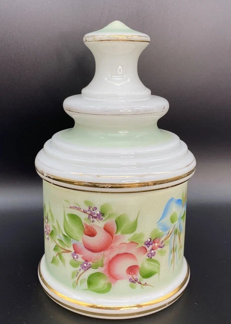 Vintage Large Vanity Apothecary Jar Hand Painted Roses Gold Trim Milk Glass