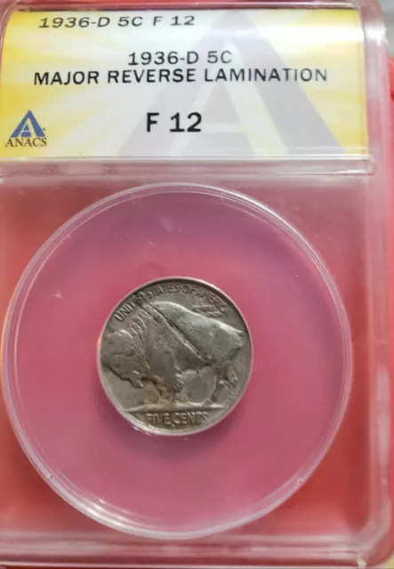 1936 D Buffalo Nickel ANACS F 12 Major Lamination Error Speared Buffalo Graded