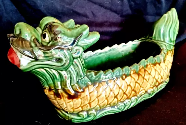 Vintage CHINESE New Year DRAGON Ceramic Planter 15" X 7" x 4.5" MCM