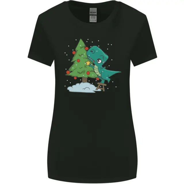 T-shirt divertente albero di Natale dinosauro donna albero di Natale taglio più largo