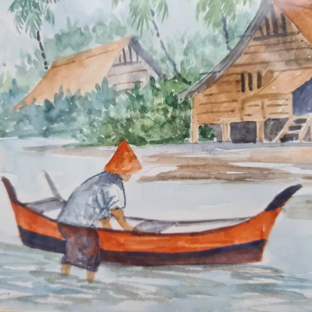 Original signed watercolour art - Fisherman & boat at the beach, Asian ocean